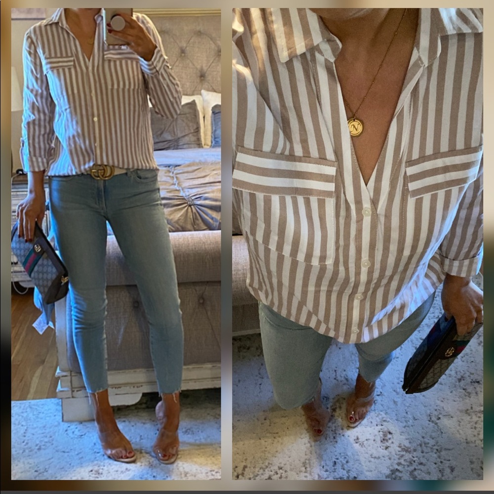 New🤍Khaki/white striped v button down - Picture 4 of 7